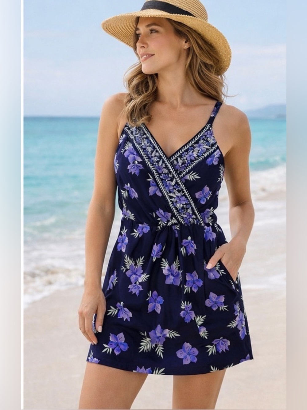 Lands’ End Floral Swimsuit Dress Small Coastal Beachy Resort Swimwear NWT